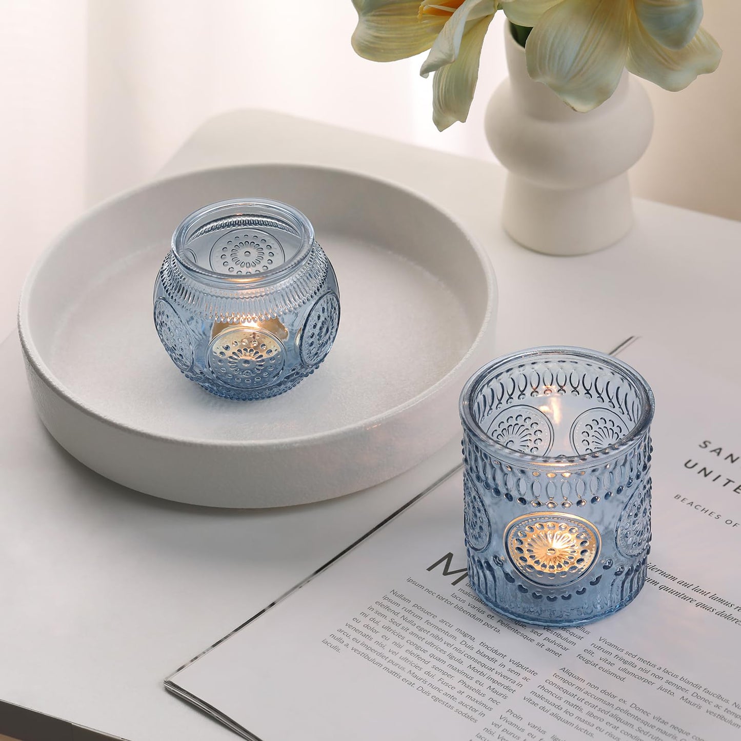 DARJEN Blue Votive Candle Holders- 10Pcs Glass Tealight Candle Holder, Size Upgrade Design for Home Decor, Elegant Candle Holder for Party & Dinner Table Centerpieces, Living Room Decor Gifts