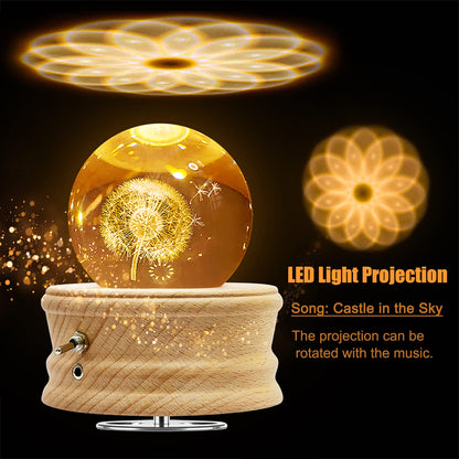 Figermoon 3D Crystal Ball Music Box with Projection LED Light and Rotating Wooden Base, Gift for Birthday, New Year, Christmas, Valentine's Day, Music Boxes for Women Mom Daughter (Dandelion)
