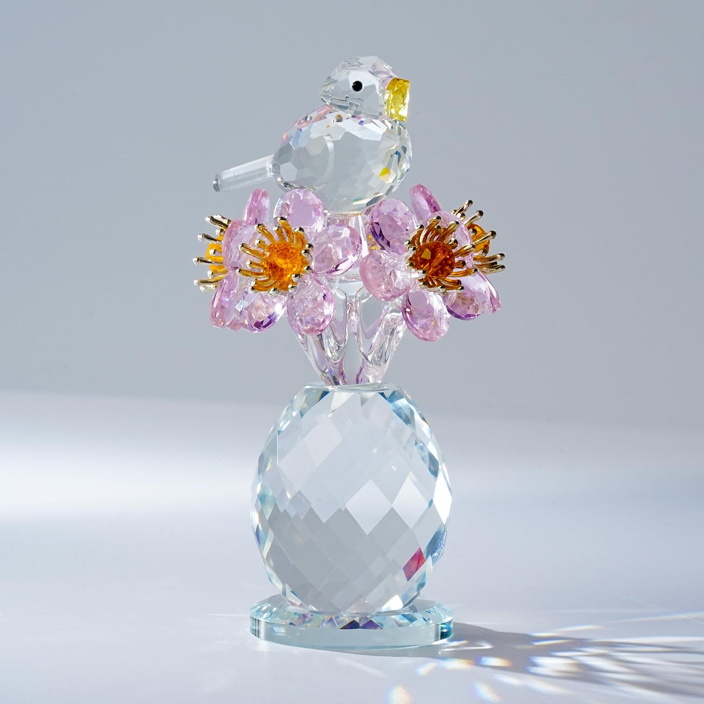 CNCRMEM Crystal Bird & Forget-Me-Not Flower Figurine,3x4 inch Glass Flower Collectible Ornaments for Home Decor Table Centerpiece Glass Bouquet Flowers Keepsake Gifts for Women （Pink）