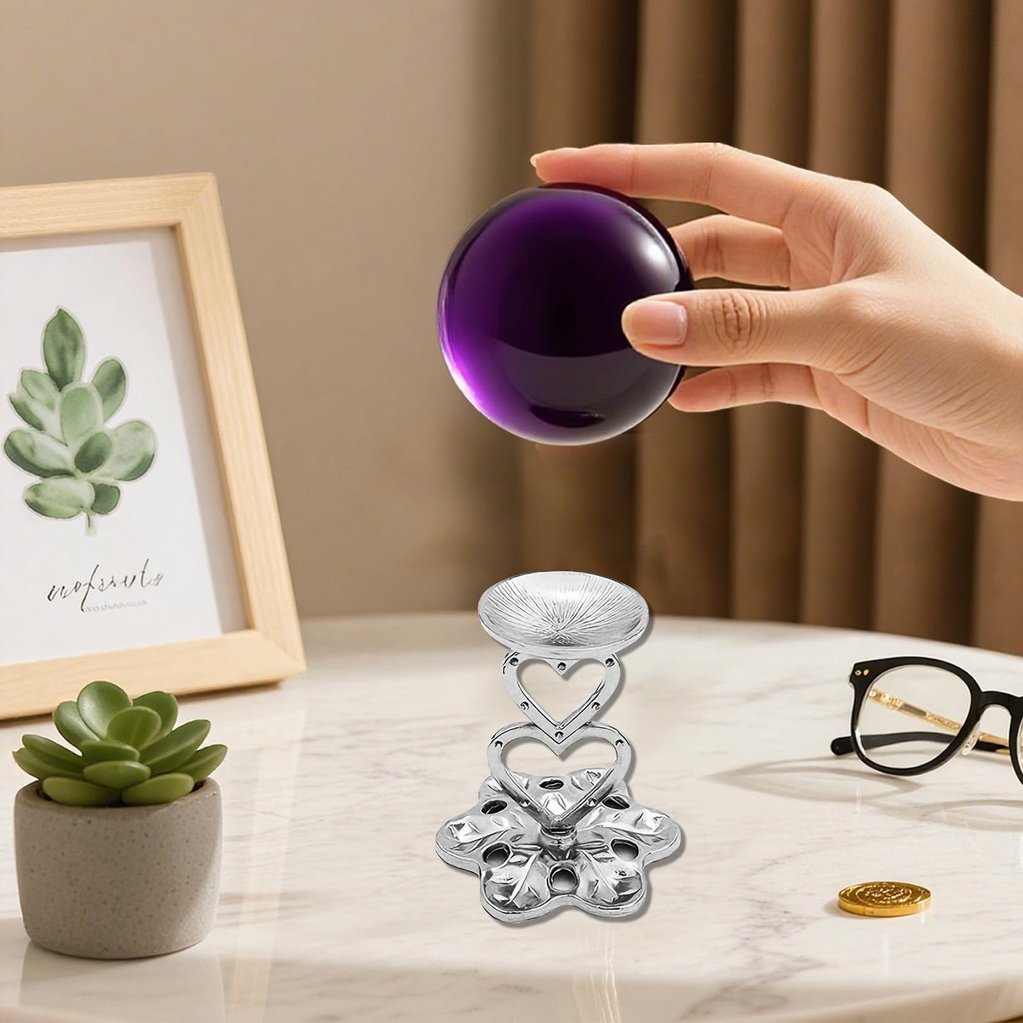 GeryVtee 4PCS Metal Crystal Ball Stand Sphere Display Stand Crystal Holder Balls Ornament Rack Holder Metal Base Heart Flower Shape (Silver)