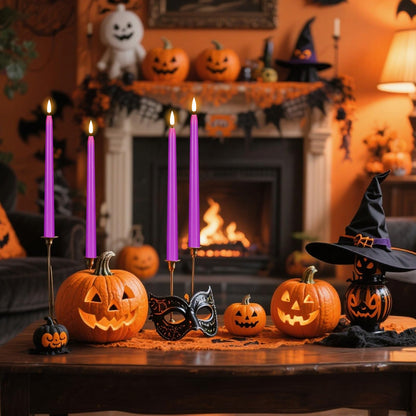Wondise Halloween Flameless Taper Candles with Remote & Timer, 4 Pack Purple Battery Operated LED Candles with 3D Wick Flickering for Halloween Decorations Gift