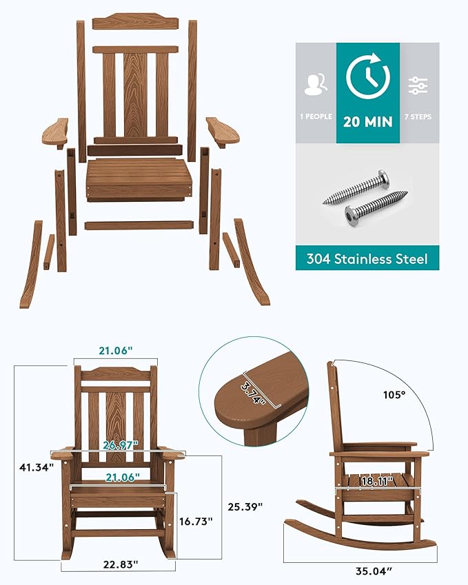 SERWALL Outdoor Rocking Chair Set of 6, Patio Rocking Chair Sets, HDPE Rocking Chair for Adults, Brown