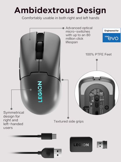Lenovo Legion M410 Wireless RGB Gaming Mouse – 6 Button Palm Grip Mouse with 16,000 DPI, 53 Hour Rechargeable Battery, 2-Zone RGB Lighting, NVIDIA Reflex Compatible