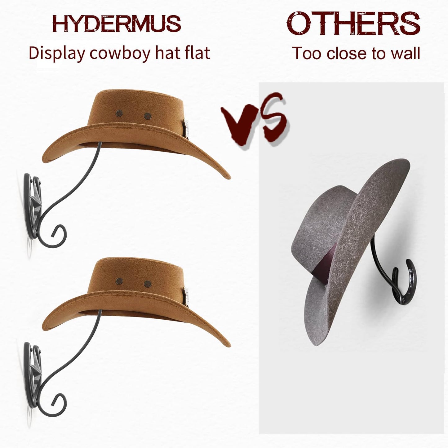 HYDERMUS Cowboy Hat Holder for Wall 2 Pack Metal Iron Cowboy Hat Rack Western Hat Hanger Horseshoe Hooks Storage Cowboy Hat Organizer Display Closet Living Room Western Gifts Wall Decor Black