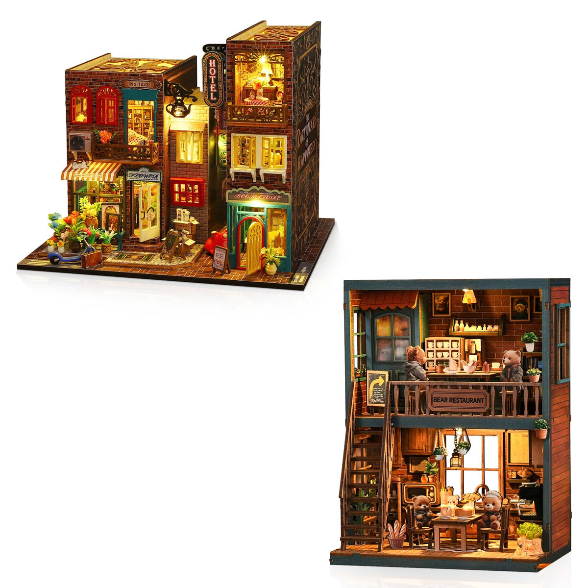 Hallisun DIY Miniature House Building Kits, Scarborough Hotel and Bear Restaurant 3D Wooden Dollhouse Toys, Birthday Christmas Festival Gift for Teens Adults