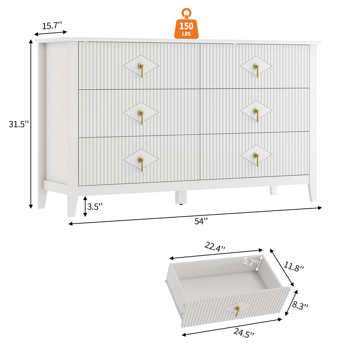 GarveeHome Fluted Dresser for Bedroom, 54 Inch Wide 6-Drawer Wood Dresser, Modern Chest of Drawers, Storage Organizer Cabinet for Living Room, Hallway, Entryway, White