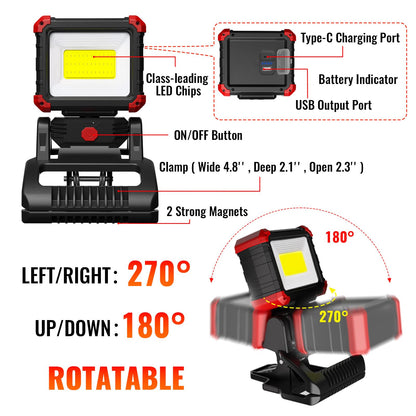 Easymaxx LED Rechargeable Work Light with Clamp, 2100LM COB Magnetic Clip on Worklight 270° Rotating with Mobile Charger, Portable Clamp Work Light for Boats, Car Repairing, Job Site Lighting