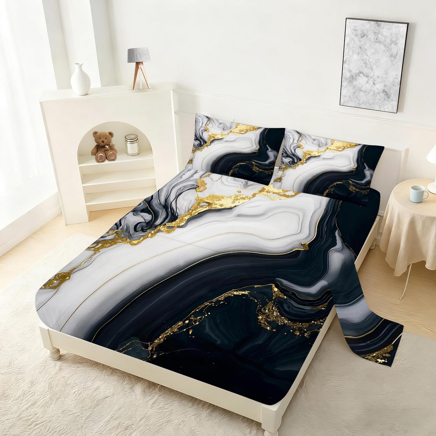 VTKON Black Gold Marble Sheets Sets Twin Size Elegant Marbling Fitted Sheet Set 3D Marble Bed Sheet for Kids Teens Adults Modern Bedspread 1 Fitted Sheet+1 Flat Sheet+1 Pillowcase