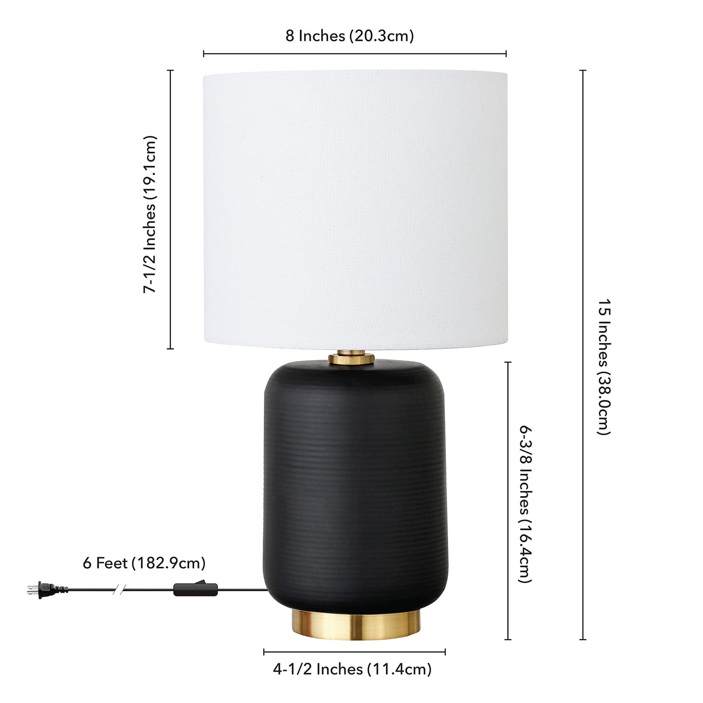 Henn&Hart 15" Modern 1-Light Table Lamp with Chiffon White Fabric Drum Shade for Living Room, Bedroom, or Office, Flat Black