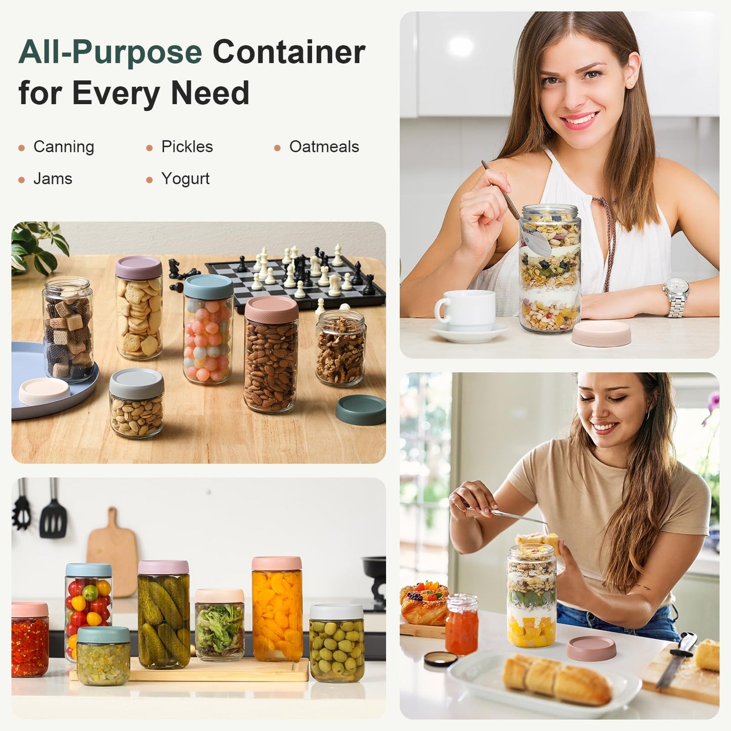 NETANY 6-pack 16 oz Overnight Oats Containers with Lids, Glass jars with Airtight Lids, Wide mouth Mason Salad jars, Glass Food Storage Containers for Snacks Yogurt Spice Sugar