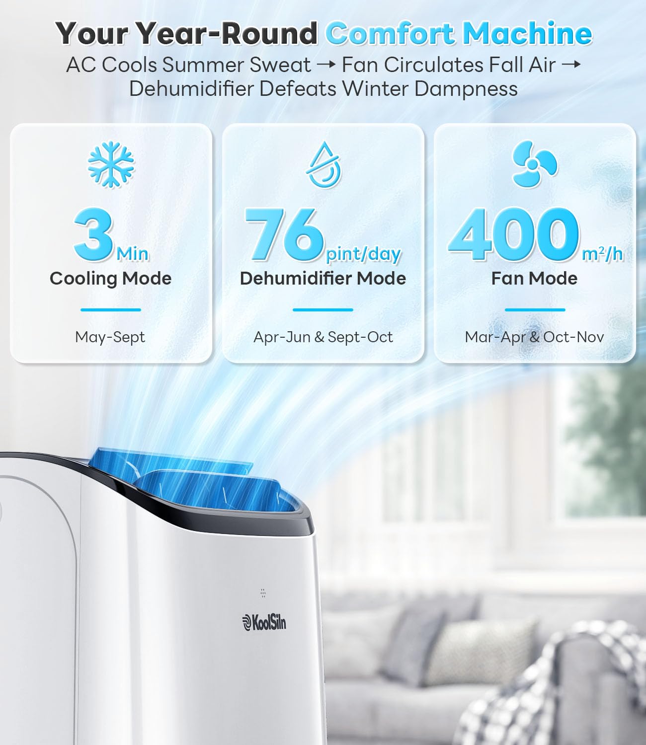 12,000 BTU Portable Air Conditioner, Covers Up to 550 Sq. Ft. with Auto-Evaporation & Low-Noise Operation, Includes Remote Control, Ideal for Large Rooms, Off White