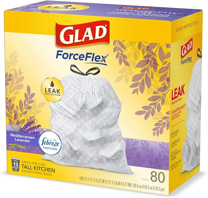 Glad ForceFlex Tall Kitchen Trash Bags, 13 Gallon, Gain Lavender