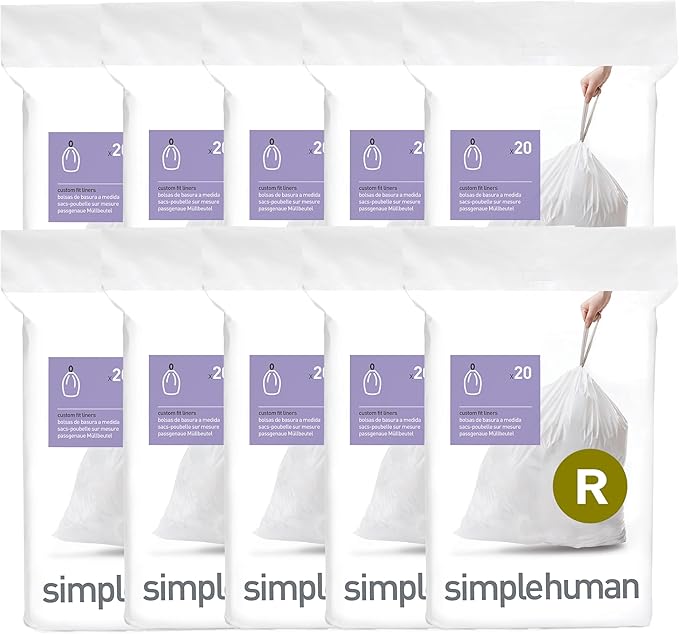 simplehuman Code R 200 Count, Dispenser Pack Custom Fit Liners, Drawstring