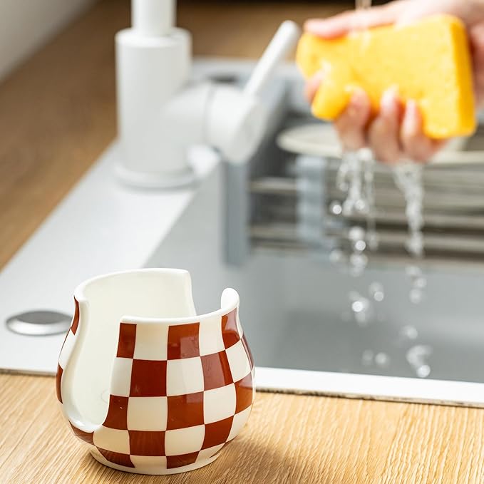 Checkered Sponge Holder for Kitchen Sink Counter, Ceramic Dish Sponge Caddy