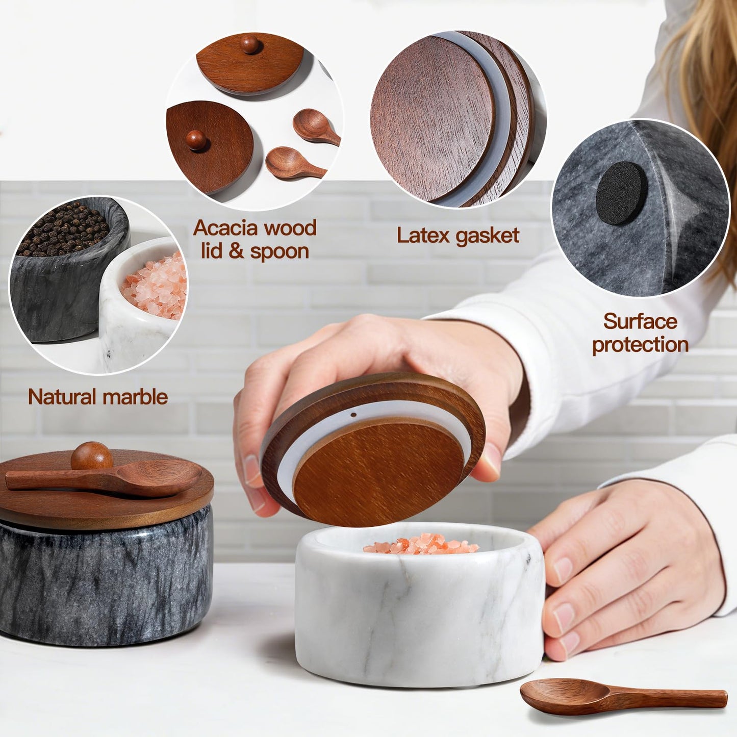 MINCORD Marble Salt and Pepper Bowls Set with Lids and Spoons – Natural Stone Salt Cellar & Pinch Pots for Kitchen Counter – Modern Spice Keeper Container for Gourmet Sea Salt, Kosher & Finishing Salt