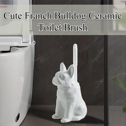 Ceramic French Bulldog Toilet Brush Holder – Cute Bathroom Decor with Hideaway Storage, Space-Saving Design, Premium Ceramic Dog Lover Gift, Includes 2 Durable Scrub Brushes (White)