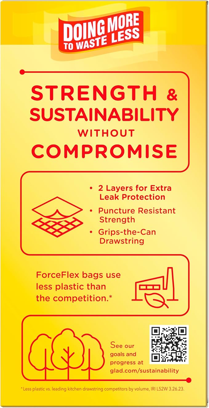Glad ForceFlex Trash Bags 13 Gallon Gain Lemon Zest | Tall Kitchen | Drawstring