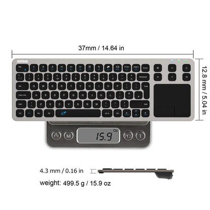 Arteck 2.4G Wireless Touch TV Keyboard with Easy Media Control and Built-In Touchpad Solid Stainless Steel Ultra Compact Full Size QWERTY UK Layout Keyboard for TV-Connected Computer, Smart TV, HTPC