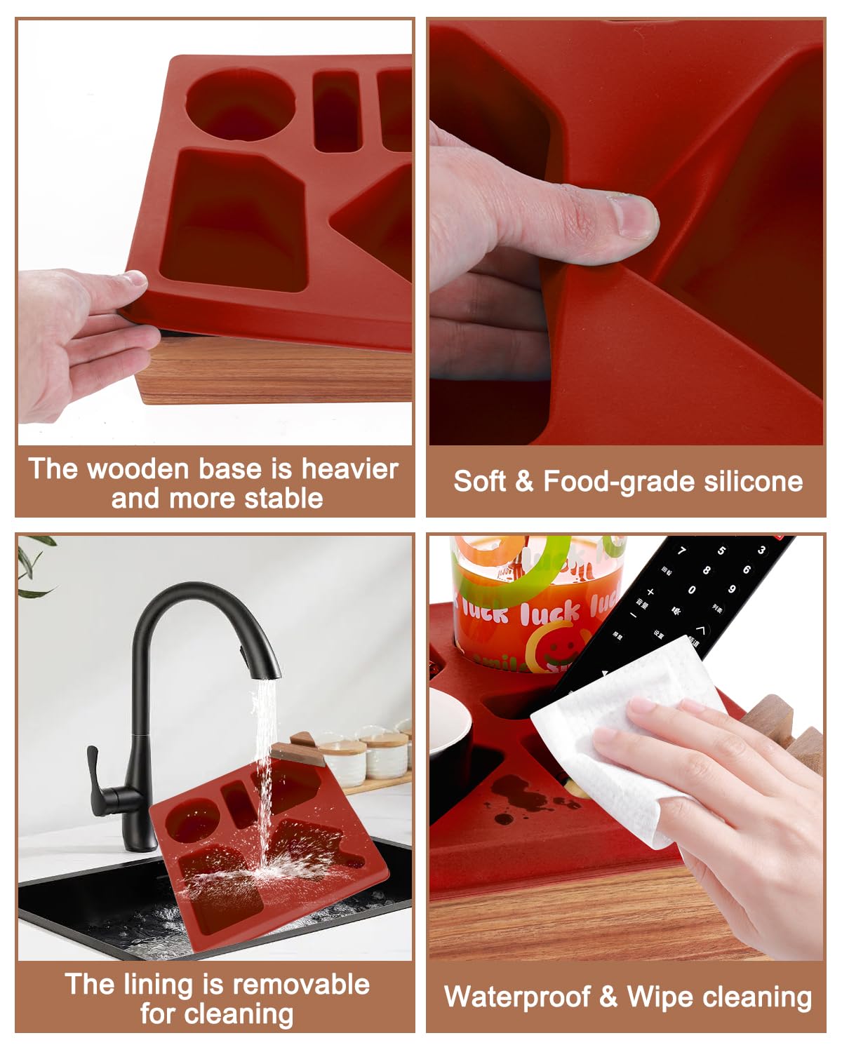 Couch Cup Holder Tray, Silicone Wooden Couch Caddy with Cup Holder for Snacks, Drinks, Remotes, Waterproof Cup Holder for Couch, Organizer, Couch Drink Holder, (red)