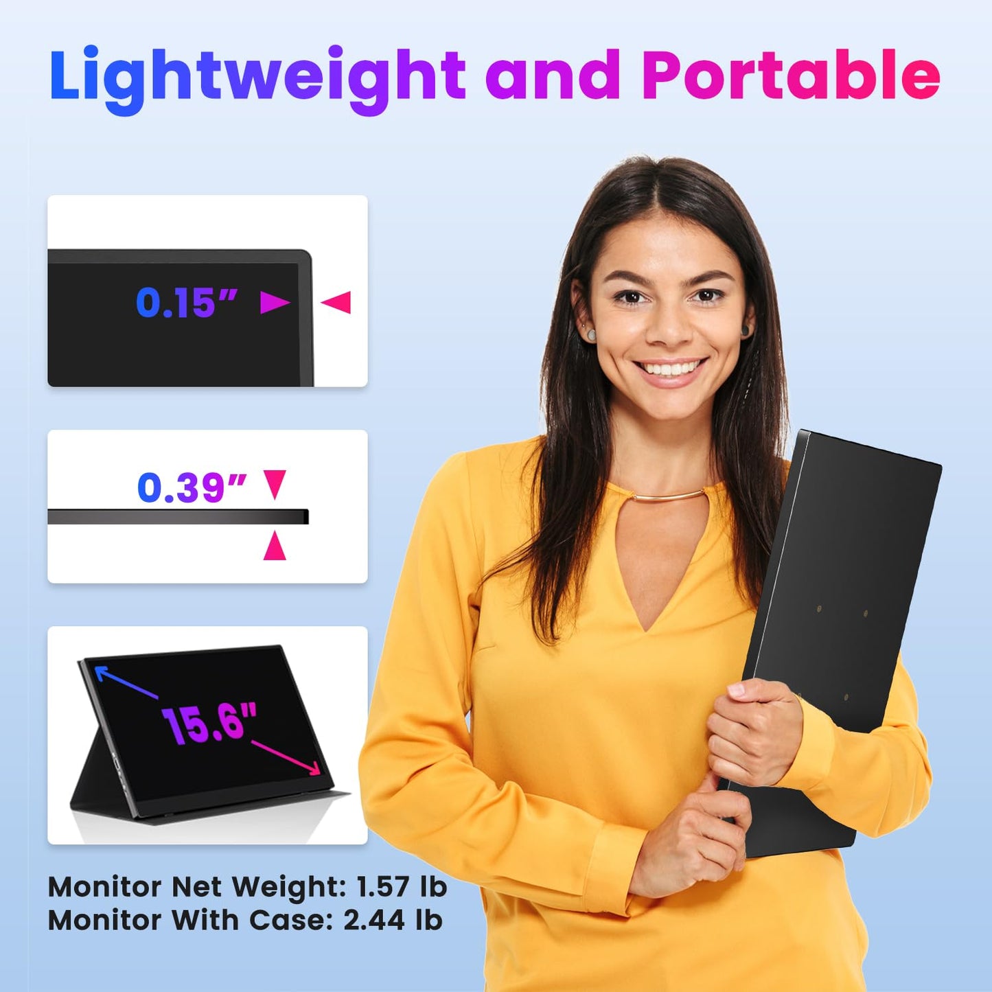 Portable Monitor 15.6" FHD 87% sRGB 60Hz IPS HDR HDMI USB-C Travel Monitor for Laptop MacBook PC Surface PS5 Xbox, External Display with Kickstand & Speakers, VESA Compatible