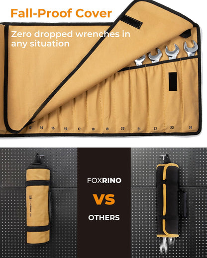 Foxrino Wrench Roll, Wrench Roll Up Pouch, 19-Pocket Heavy Duty Canvas Wrench Organizer Bag for Metric Combination Wrenches, Portable Tool Roll Bag, Gifts for Men for Christmas(Brown, 19+1 Metric)