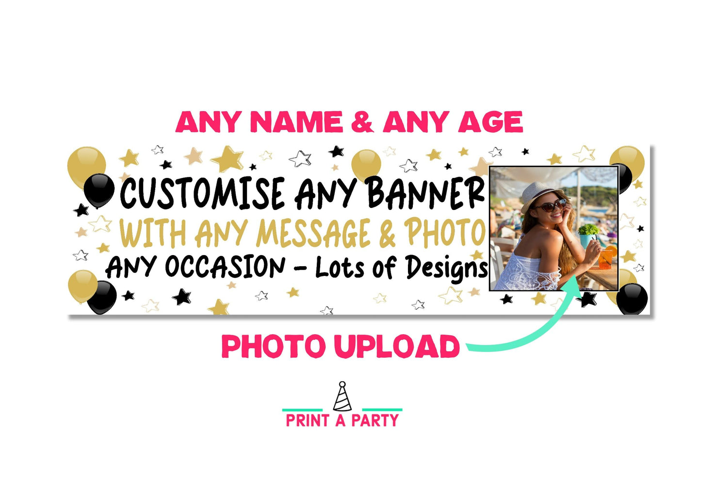 Large Personalised Banner Any Occasion Name with Photo for Men Women Boys Girls (6ftx2ft with PHOTO, Gold & Black Stars)