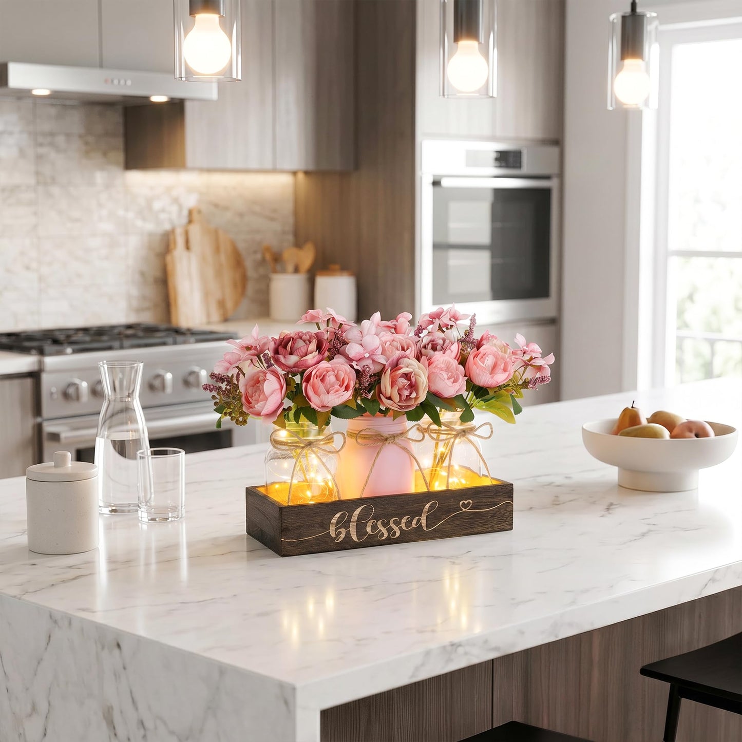 Fancyplus 3 Pcs Mason Jar Centerpiece with Wood Tray & LED Light, Farmhouse Table Decor for Dining Room Kitchen Living Bathroom, Pink