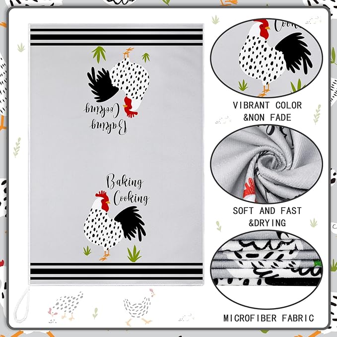 Boyiee Set of 6 Farm Chickens Kitchen Towels Farmhouse Absorbent Dish Tea