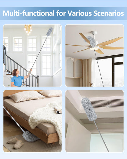 Fogray Extendable Feather Duster Kit - Long Handled 100" Telescopic Pole and Soft Silicone Cap, Bendable Washable Heads for Cleaning Cobwebs, High Ceiling Fans, Roof, Furniture & Cars(5Pcs-Grey)
