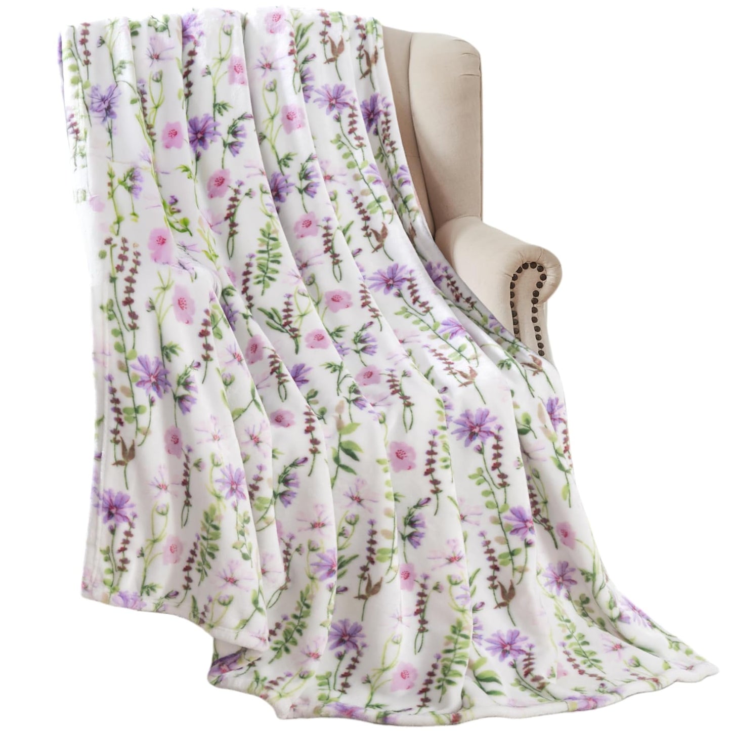 Serafina Home Spring Velvet Fleece Floral Throw Blanket: Wild Flowers of Pink Purple Green on a Colorful Soft Cozy White Design, Oversized 50" x 70"