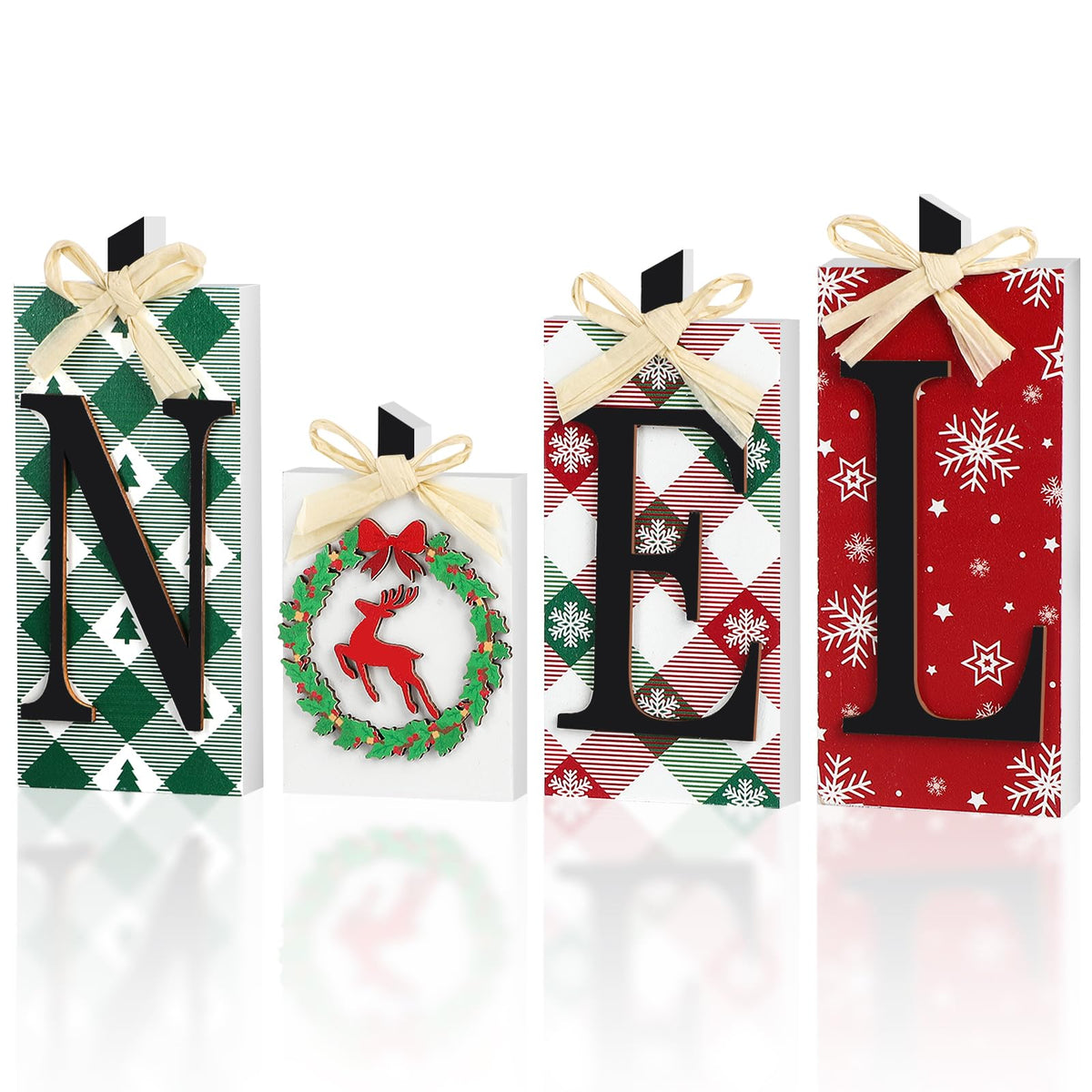 Christmas Wooden Noel Decorations,4Pcs Rustic Christmas Table Sign Decor,Letter Freestanding Xmas Centerpiece Table Tiered Tray Sign for Indoor Party New Year Winter Holiday Home Fireplace