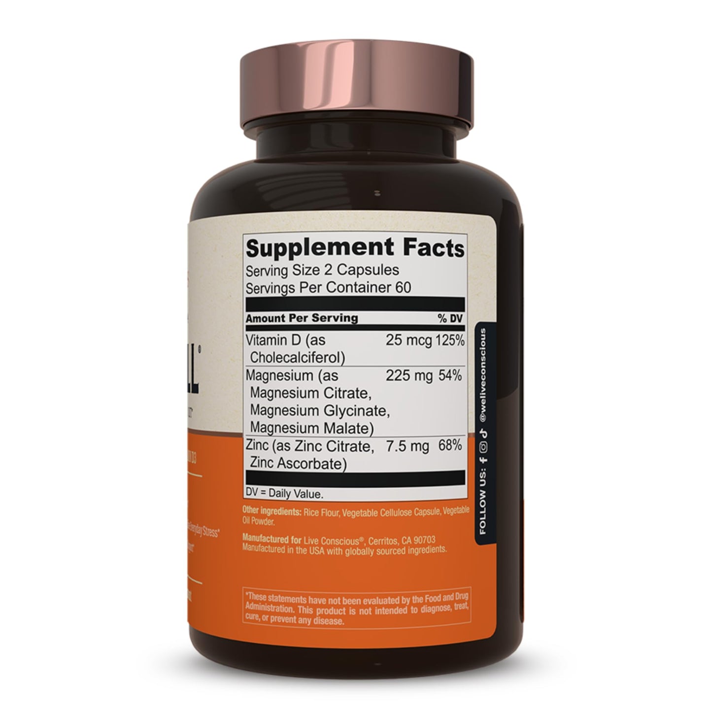 Live Conscious MagWell Magnesium Supplement with Zinc & D3 - Complex with Bisglycinate, Citrate, Malate - High Strength for Sleep - 120 Capsules
