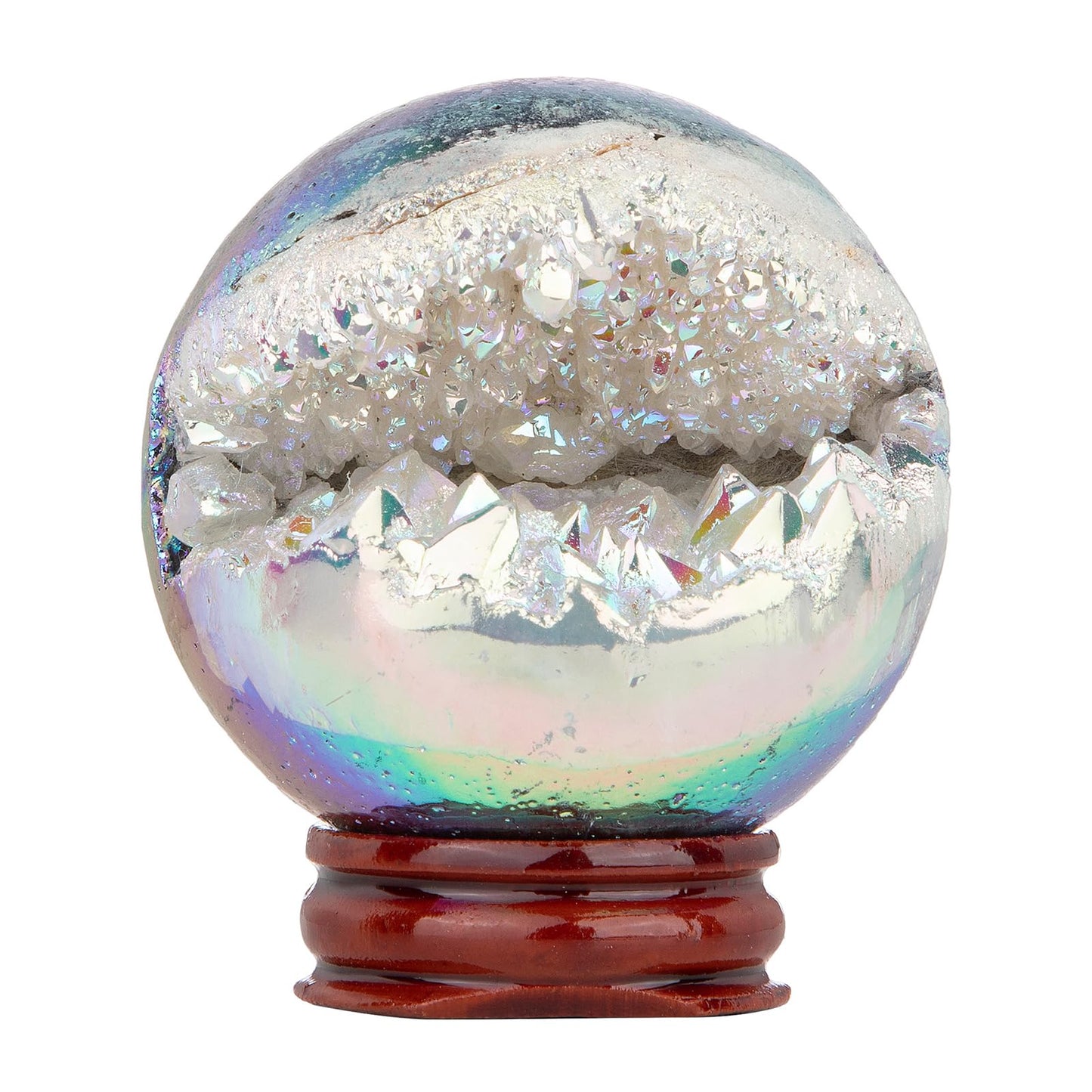 mookaitedecor Angel Aura Quartz Geode Sphere 51-60 mm, Natural Rock Crystal White Titanium Coated Crystal Ball with Stand for Divination Witchcraft Home Decor