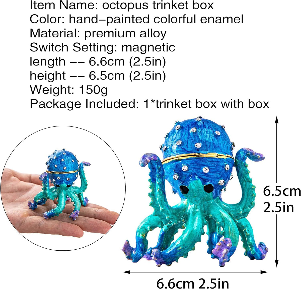 YU FENG 2.5'' Hand-painted Enamel Octopus Jewelry Trinket Box Hinged Jewelry Organizer with Crystals Ring Earring Storage Box Blue Sea Animal Figurine Keepsake Collectible Christmas Gift