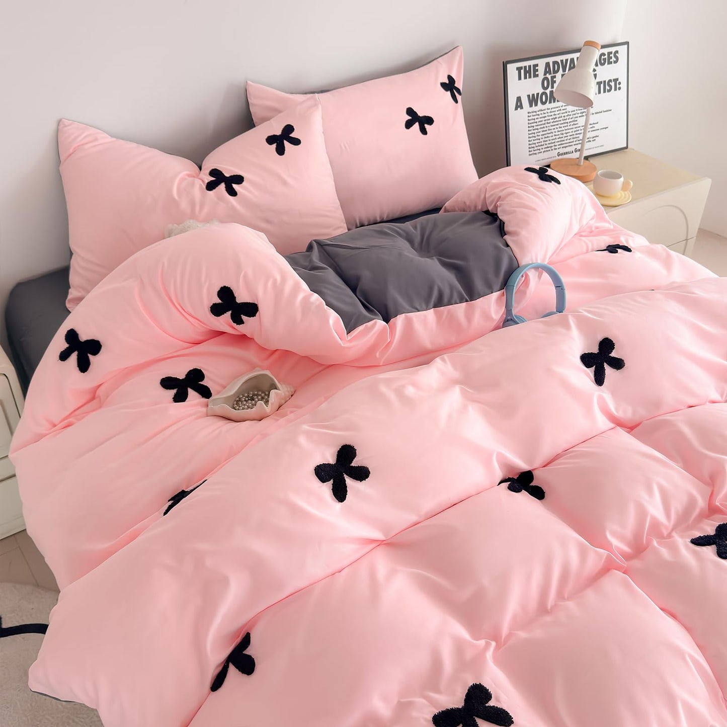 Tailor Shop Twin Comforter Set for Girls 5 Pieces Tufted Chenille Bowknot Embroidery Grey Comforter Pink Bedding Twin Girls Comforter