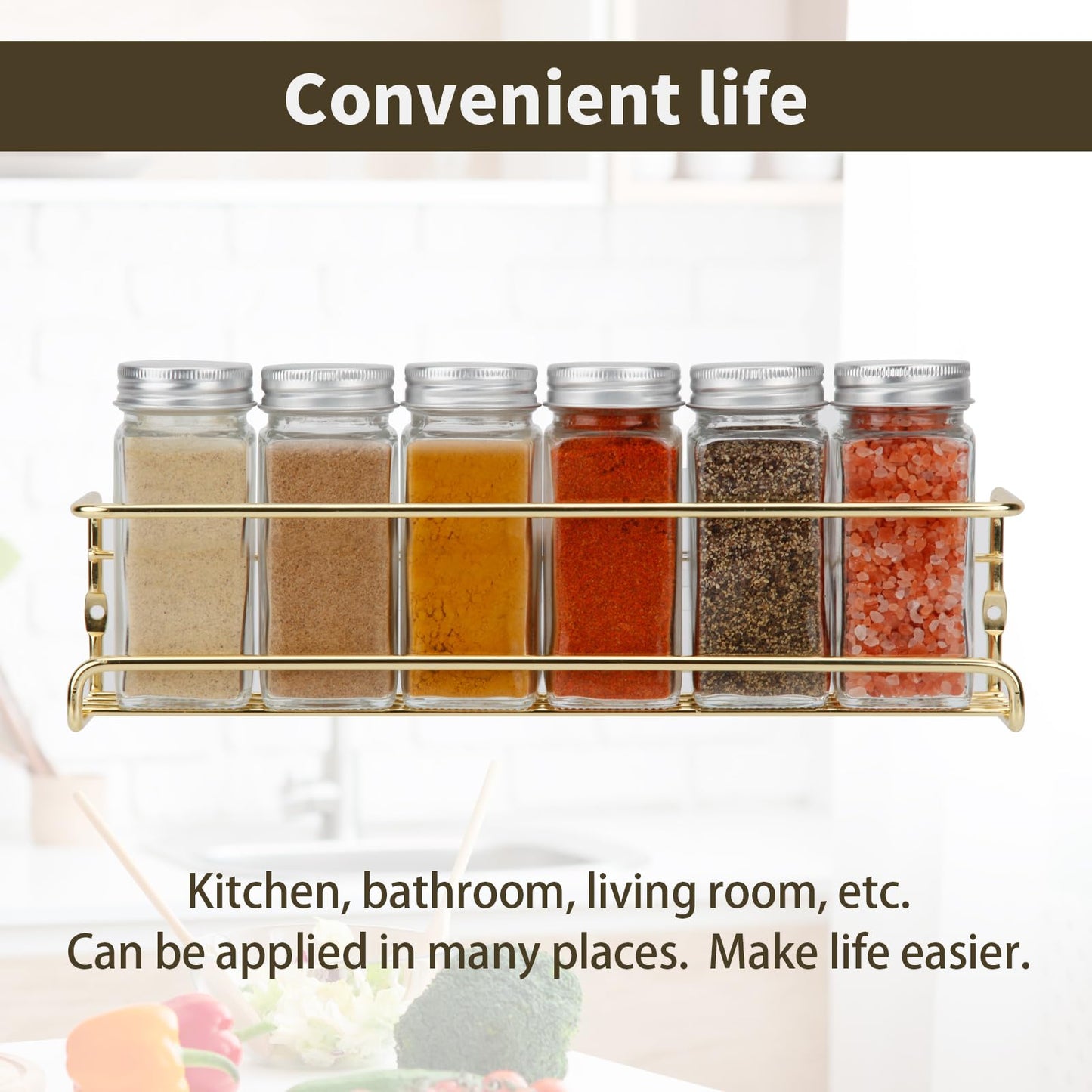 blueden 2 Pack Self Adhesive Wall Mounted Fridge Refrigerator Spice Racks,Metal Kitchen Seasoning Jar Organizer for Space Saver,Hanging Spice Organizer Shelf for Kitchen Cabinet,Wall,Pantry Door.Gold
