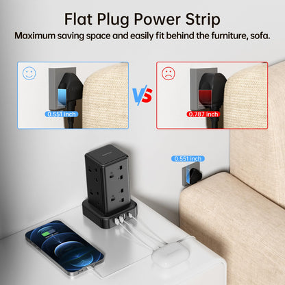 Tower Extension lead Surge Protection Extension Lead with Switch (13A 3250W) 8 AC Outlets & 4 USB Ports Plug Extension Socket Extension Cable 2M Mini Power Strip for Home, Office