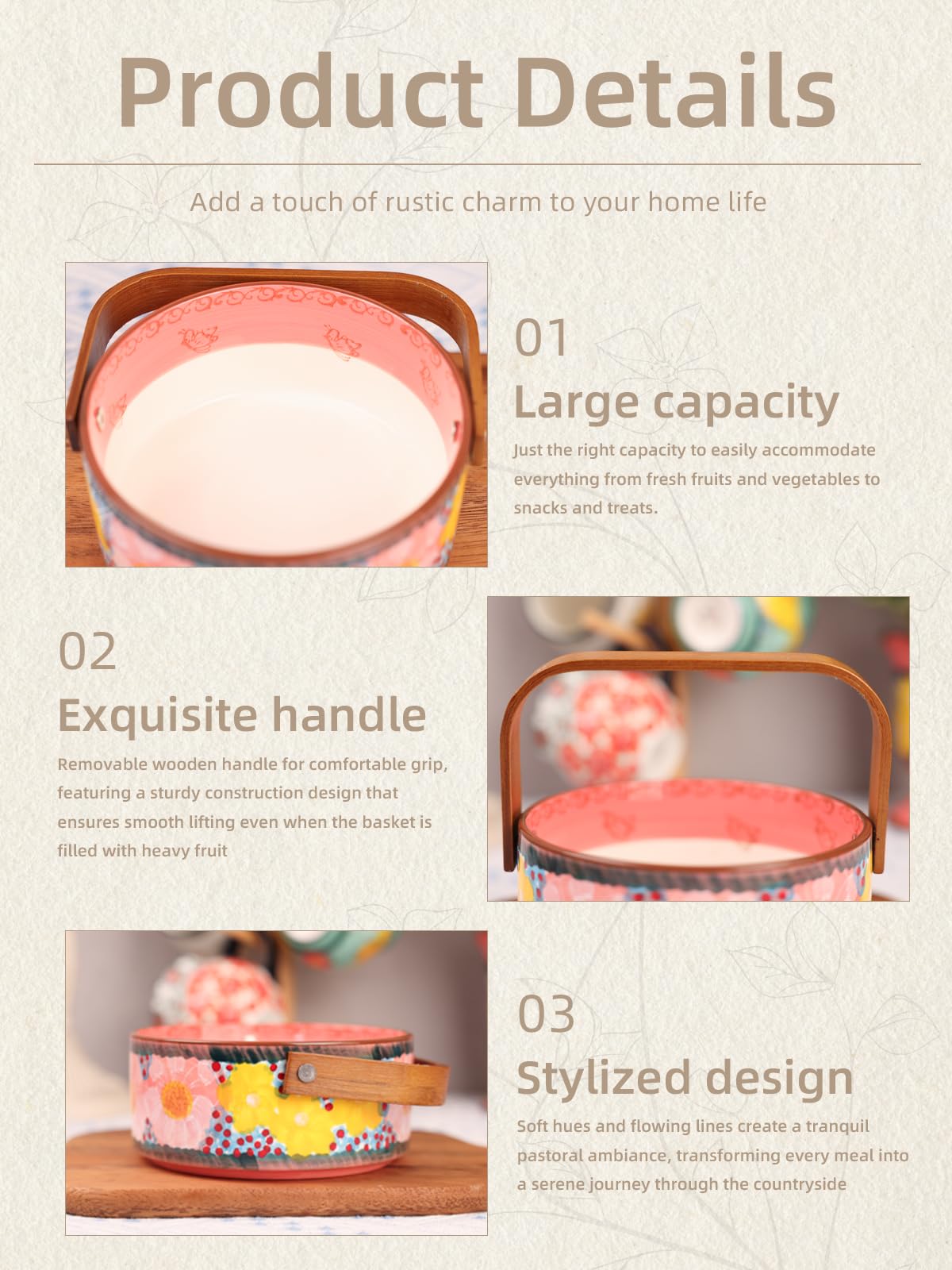 silesia Handmade Candy Bowl with Wooden Handle, 20 oz Hand-Painted Berry Bowl, Portable Handcrafted Serving Dish for Fruit, Nuts & Snacks, Rustic Farmhouse Decor (Glazed Pink)