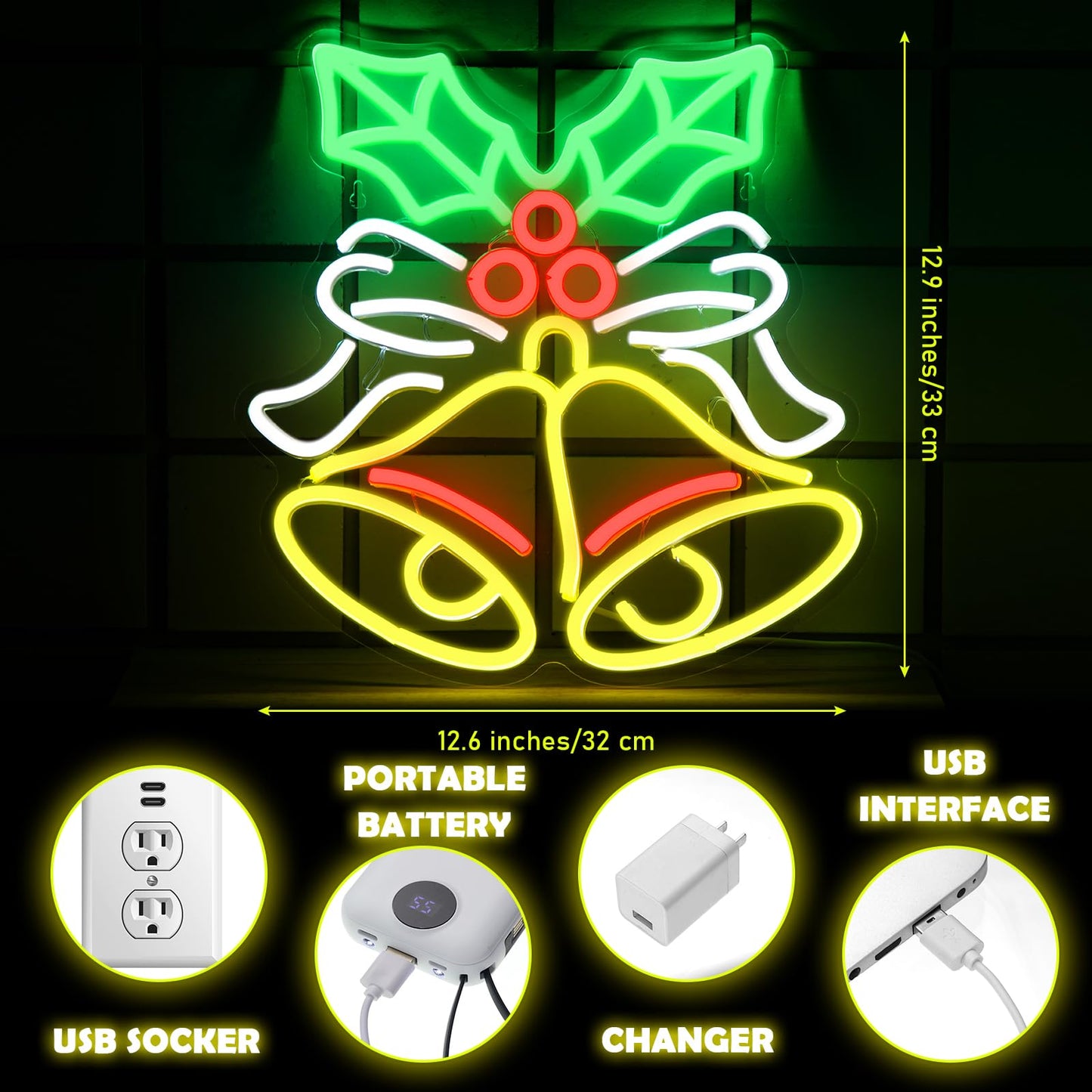 Xuhal Christmas Bell Neon Sign Christmas Neon Lights LED Light up Sign USB Wall Bar Living Room Decor for Xmas Party Home Bedroom Office