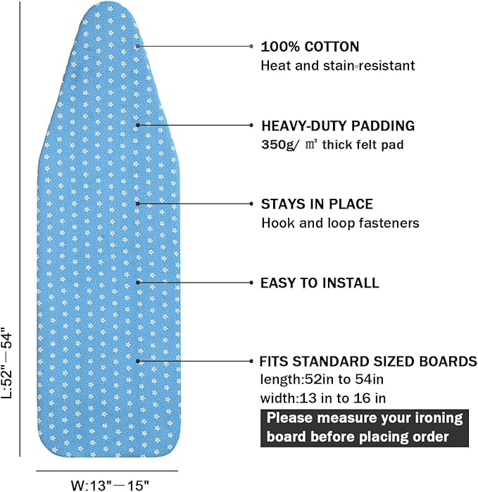 Ironing Board Cover and Pad Standard Size 15 x 54, 3 Pairs of Hook and Loop