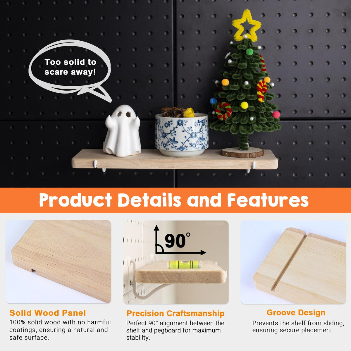 SEMPOMA 2 Pack Solid Wood Pegboard Shelf, High Balance and No tilt, 12" x 4" Pegboard Shelves Fit 1/4" Pegboard for Display Craft Garage Workbench Office