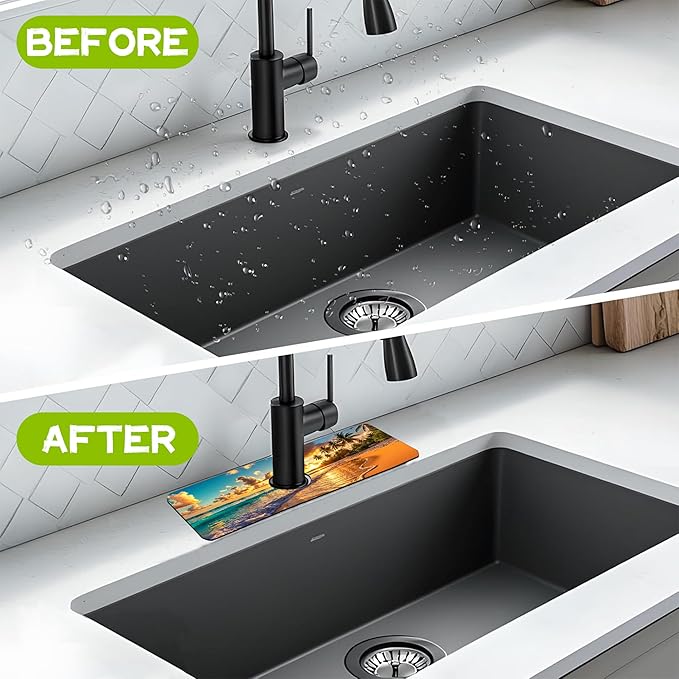 Sunset Beach Waves Palm Trees Kitchen Sink Splash Guard Faucet Mat Super