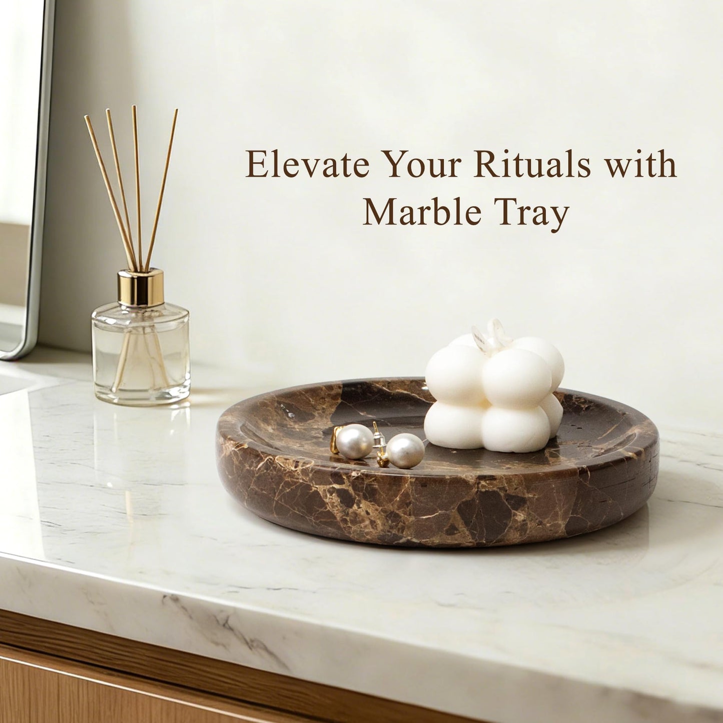 LIN CHUAN Jewelry Dish Marble Vanity Tray, Round Ring Dish, Trinket Dish, Small Decorative Catchall Trays for Earrings, Rings, Keys, Jewelry Holder Plate Gift for Women, 5.5”, Brown