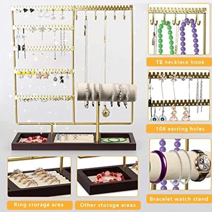 HINIHAO Earring Holder,Jewelry Organizer Stand Necklace Holder, 5-Tier Jewelry Tower Rack 108 Holes, 12 Hooks Necklaces Hanging, for Bracelets Earrings Rings Watches (Gold)