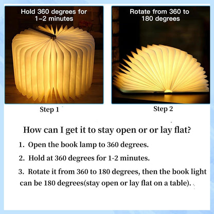 Vilygret 3 Colors Rechargeable Folding Book Lamp, Wooden Book Night Light,Birthday Christmans Thanksgiving Gift for Women Boys Kids Girls