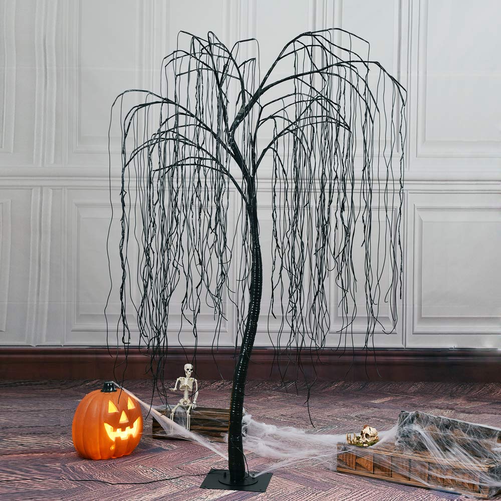 LIGHTSHARE 7 Feet Halloween Willow Tree, 256 LED Lights for Home, Festival, Nativity,Party, and Christmas Decoration,Includes Spiders and White Cobweb,Indoor Outdoor Use,Orange & Purple