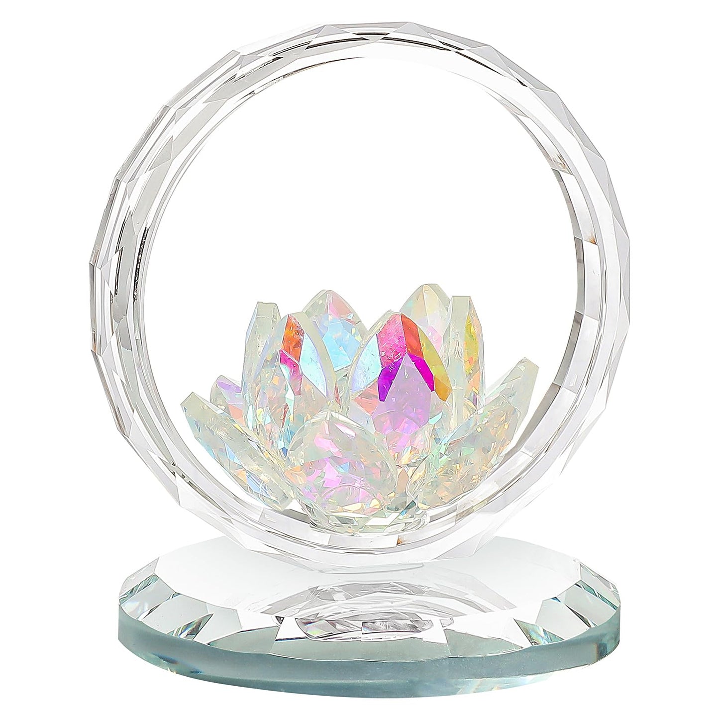 LONGWIN Crystal Lotus Flower Basket Figurine Collectible Glass Flowers Art Decor Reflection Feng Shui Decorative Ornaments for Living Room Bedroom Office AB - Coated