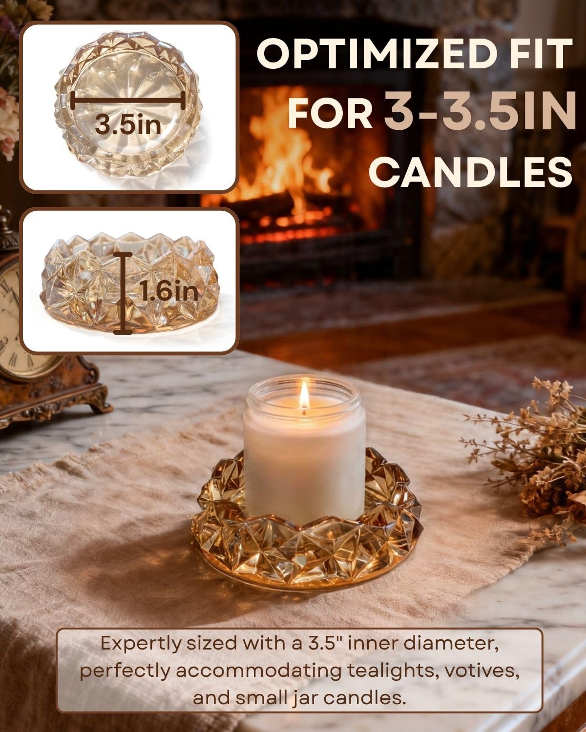 Loyipu Small Geometric 4in Glass Candle Holder – Crystal Tealight Dish & Mini Candle Tray for Small Scented Candles, Votives & Aroma Stones(Honey Amber-4in)