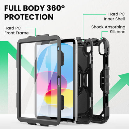 SEYMAC Case for iPad 11th/10th Generation 2025/2022 A16 11inch/10.9inch, Heavy Duty Shockproof with Screen Protector, 360° Rotating Stand/Hand Strap/Pencil Holder for iPad 11 Cover, Black