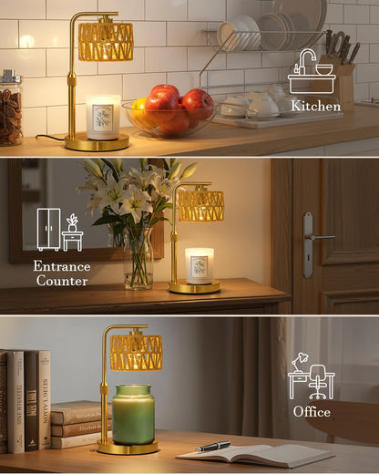 Candle Warmer Lamp with Timer, Dimmable Candle Warmer for Jar Candles, Height Adjustable Candle Lamp Warmer, Boho Rattan Lampshade and 2 Bulbs, Gift for Home Room Decor, Gifts for Women Mom (Gold)